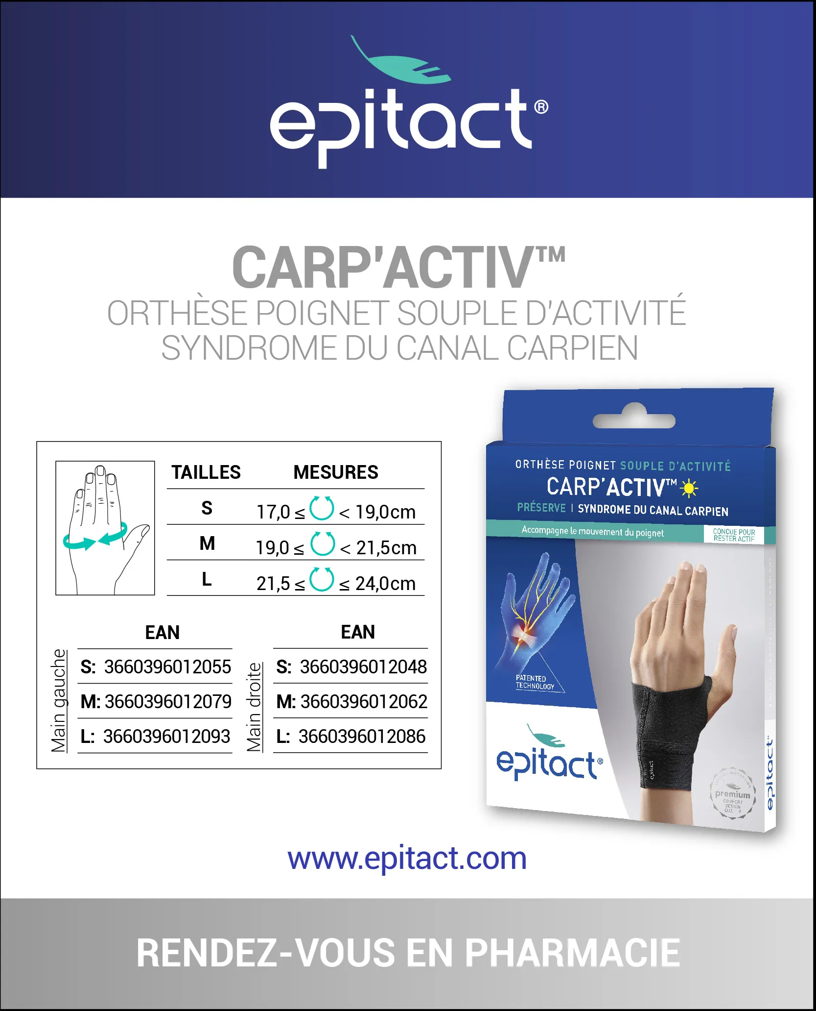 Epitact Carp'Activ Orthèse Poignet Souple d'Activité Préserve Syndrome du  Canal Carpien Gauche Taille M 1 unité